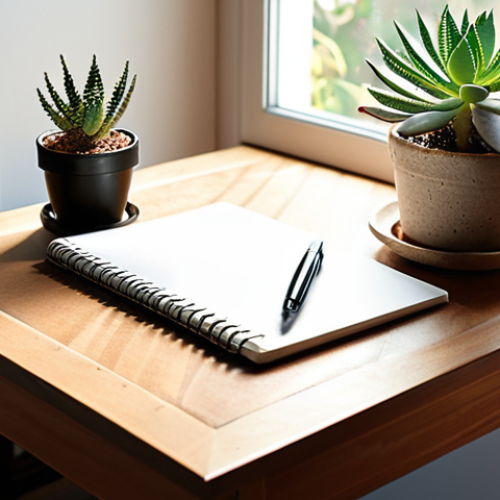 **

A cozy study space bathed in natural light, featuring a clean desk with a notebook, a pen, and a small succulent plant. Soft, ambient lighting. The atmosphere should inspire focus and tranquility. No people are present.

**
