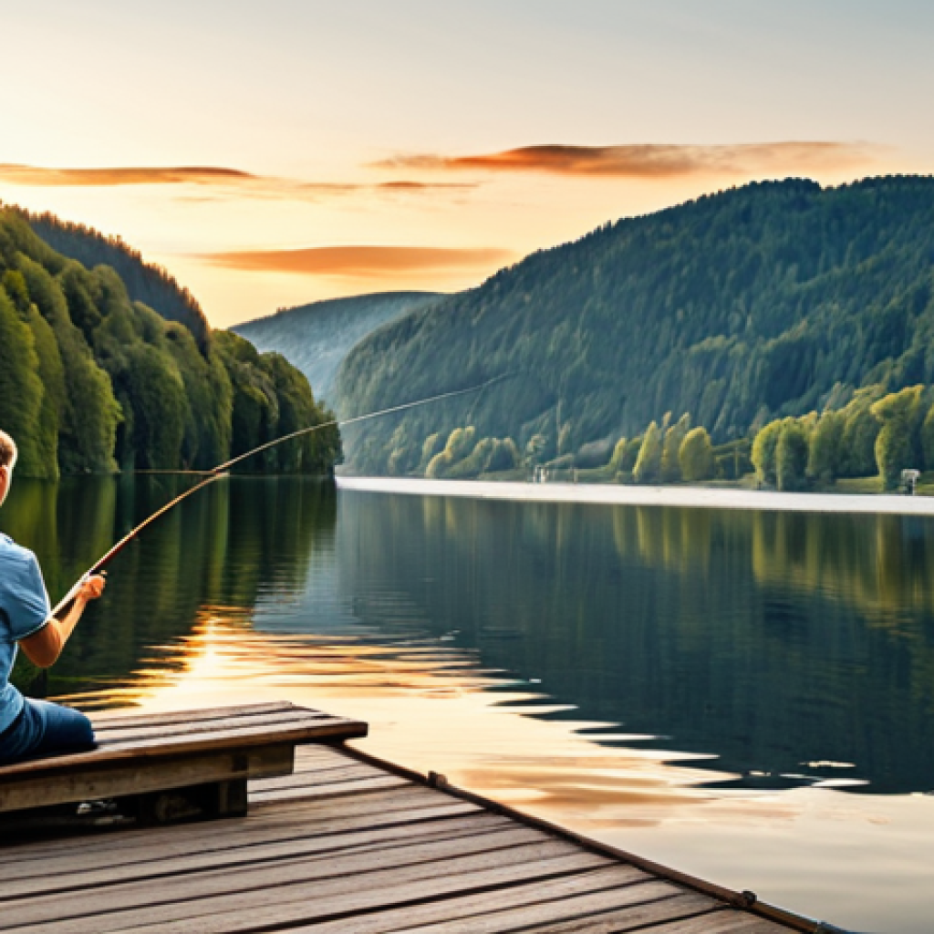 Calming Lakeside Scene**
A serene view of a German lake at sunset. In the foreground, a person sits on a wooden dock, calmly fishing with a traditional rod. The atmosphere is peaceful and relaxing. Warm, golden light bathes the scene. Soft, muted colors. In the background, rolling hills and charming German architecture can be seen. Include quality markers: "photorealistic", "high resolution", "detailed textures", "perfect composition". The person is fully clothed in appropriate attire. Safe for work, appropriate content, professional, family-friendly.
**