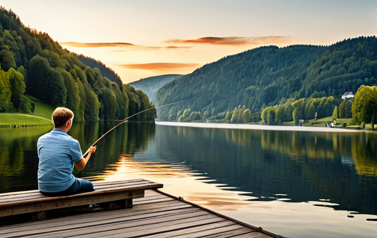 Calming Lakeside Scene**
A serene view of a German lake at sunset. In the foreground, a person sits on a wooden dock, calmly fishing with a traditional rod. The atmosphere is peaceful and relaxing. Warm, golden light bathes the scene. Soft, muted colors. In the background, rolling hills and charming German architecture can be seen. Include quality markers: "photorealistic", "high resolution", "detailed textures", "perfect composition". The person is fully clothed in appropriate attire. Safe for work, appropriate content, professional, family-friendly.
**