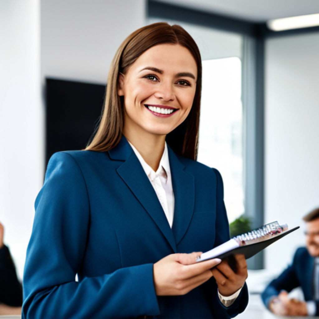 **
"A professional woman in a modest, tailored business suit, standing in a bright, modern office. She is smiling slightly, holding a notebook and pen. Background features blurred colleagues and a clean desk. Fully clothed, appropriate attire, safe for work, perfect anatomy, natural proportions, professional portrait, high quality, family-friendly."
**