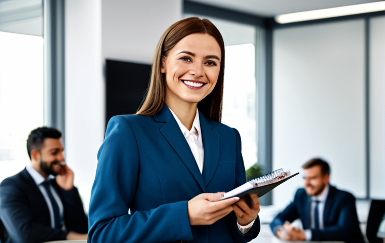 **
"A professional woman in a modest, tailored business suit, standing in a bright, modern office. She is smiling slightly, holding a notebook and pen. Background features blurred colleagues and a clean desk. Fully clothed, appropriate attire, safe for work, perfect anatomy, natural proportions, professional portrait, high quality, family-friendly."
**