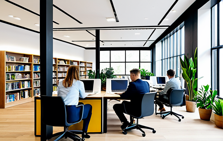 Modern Learning Environment**
Prompt: A bright and airy co-working space with people working on laptops and tablets, surrounded by plants and bookshelves. Everyone is fully clothed in professional attire. Natural lighting. safe for work, appropriate content, family-friendly, perfect anatomy, correct proportions, well-formed hands, proper finger count, natural body proportions, professional.
**