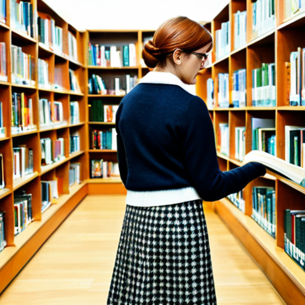 학습에 대한 흥미 유발하기 위한 방법 - **
A female librarian, fully clothed in a modest tweed skirt and cardigan, assisting a student in a...