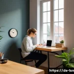 Home 22 학습 인내력 개발을 위한 멘탈 훈련 - A cozy, modern study room in a German apartment during daylight, featuring a young adult student sit...