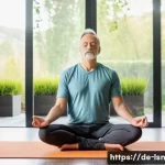 Home 21 트렌드에 맞춘 인내력 개발 기법 - A serene, modern living room scene showing a middle-aged German man practicing mindfulness meditatio...