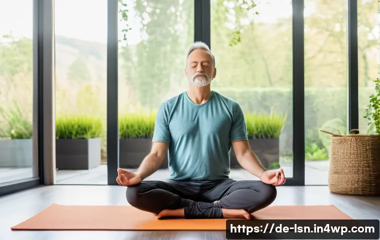 트렌드에 맞춘 인내력 개발 기법 - A serene, modern living room scene showing a middle-aged German man practicing mindfulness meditatio...