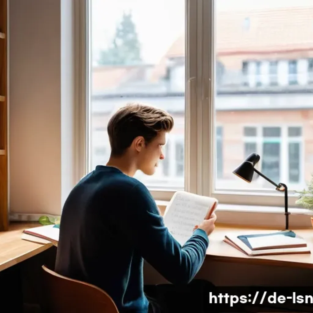 성과 기반 학습의 중요성과 인내력 - A cozy, well-organized study room with a German young adult sitting at a wooden desk, focused on lea...