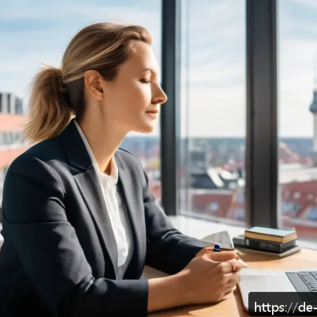 인내력 강화를 위한 건강한 생활습관 - A serene urban office scene in Germany during a bright morning, showing a professional woman in her ...