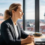 Home 19 인내력 강화를 위한 건강한 생활습관 - A serene urban office scene in Germany during a bright morning, showing a professional woman in her ...
