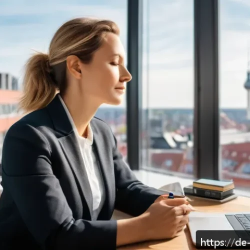 Home 31 인내력 강화를 위한 건강한 생활습관 - A serene urban office scene in Germany during a bright morning, showing a professional woman in her ...