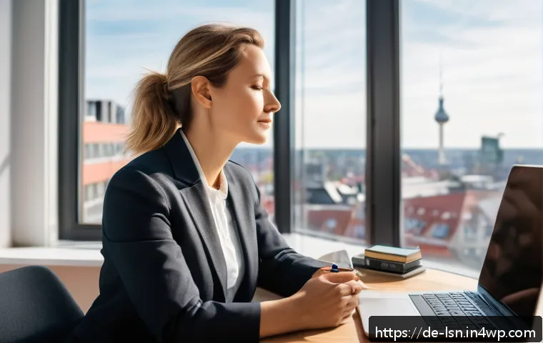 인내력 강화를 위한 건강한 생활습관 - A serene urban office scene in Germany during a bright morning, showing a professional woman in her ...