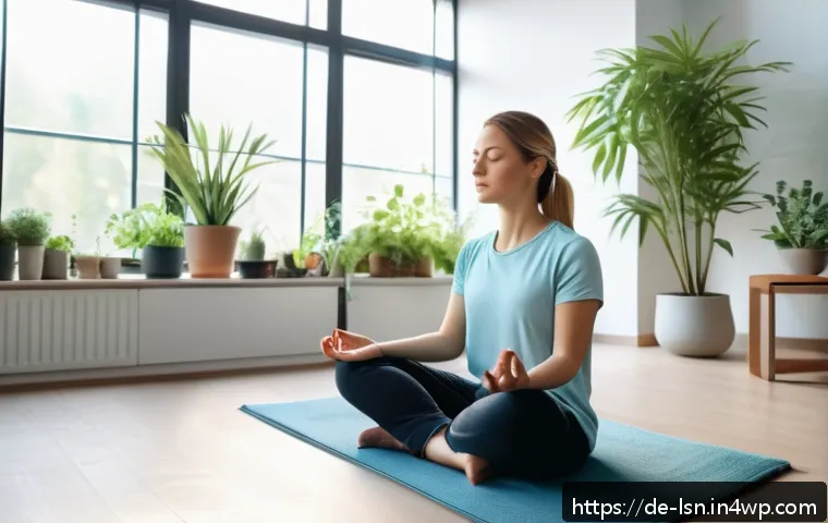 인내력 개발을 위한 실용적인 앱 소개 - A serene modern living room scene with a young adult woman sitting cross-legged on a comfortable cus...